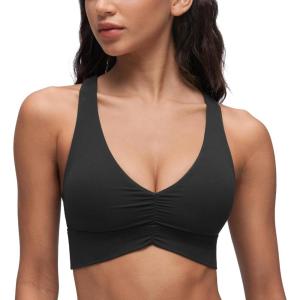 imageCRZ YOGA Butterluxe Womens Ruched Longline Sports Bras  V Neck Padded Yoga Tank Wide Straps Cross Back Crop TopsBlack