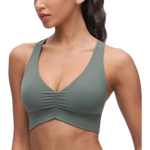 imageCRZ YOGA Butterluxe Womens Ruched Longline Sports Bras  V Neck Padded Yoga Tank Wide Straps Cross Back Crop TopsGrey Sage