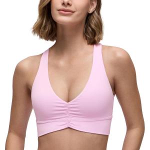 imageCRZ YOGA Butterluxe Womens Ruched Longline Sports Bras  V Neck Padded Yoga Tank Wide Straps Cross Back Crop TopsVita Pink