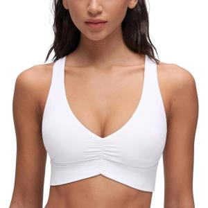 imageCRZ YOGA Butterluxe Womens Ruched Longline Sports Bras  V Neck Padded Yoga Tank Wide Straps Cross Back Crop TopsWhite