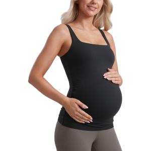 imageCRZ YOGA Butterluxe Womens Square Neck Maternity Tank Tops Ruched Sleeveless Pregnancy Yoga Tee Shirt with Built in BraBlack