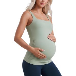 imageCRZ YOGA Butterluxe Womens Square Neck Maternity Tank Tops Ruched Sleeveless Pregnancy Yoga Tee Shirt with Built in BraGreen Palm Court