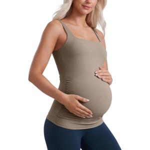 imageCRZ YOGA Butterluxe Womens Square Neck Maternity Tank Tops Ruched Sleeveless Pregnancy Yoga Tee Shirt with Built in BraNomad Grey