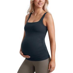 imageCRZ YOGA Butterluxe Womens Square Neck Maternity Tank Tops Ruched Sleeveless Pregnancy Yoga Tee Shirt with Built in BraTrue Navy