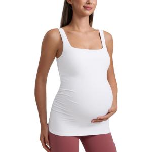 imageCRZ YOGA Butterluxe Womens Square Neck Maternity Tank Tops Ruched Sleeveless Pregnancy Yoga Tee Shirt with Built in BraWhite
