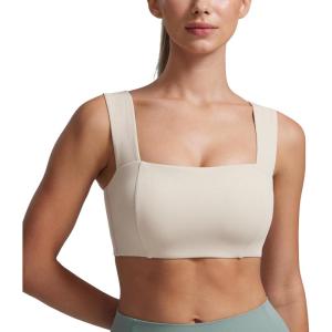 imageCRZ YOGA Butterluxe Womens Square Neck Sports Bras  Supportive Wide Straps Open Back Padded Camisole Yoga Crop TopMojave Tan