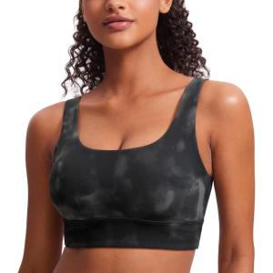 imageCRZ YOGA Butterluxe Womens U Back Sports Bra  Scoop Neck Padded Low Impact Yoga Clothes Workout Crop Top with Built in PadsGrey Tie Dye Flowers
