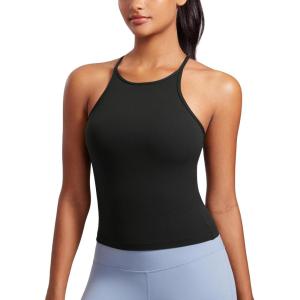 imageCRZ YOGA Butterluxe Womens Y Back Workout Crop Tank Top with Built in Bra  Padded Halter High Neck Yoga CamisoleBlack