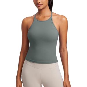imageCRZ YOGA Butterluxe Womens Y Back Workout Crop Tank Top with Built in Bra  Padded Halter High Neck Yoga CamisoleGrey Sage