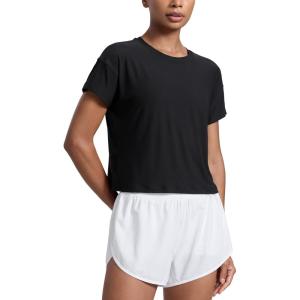imageCRZ YOGA Cloudweight High Neck Workout Tops for Women Basic Athletic Lightweight Short Sleeve Shirts Loose Running TShirtBlack