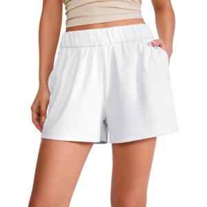 imageCRZ YOGA Comfy Ribbed Sweat Shorts for Women High Waisted Lyocell for Casual Lounge Athletic Jersey with PocketsWhite