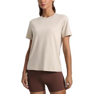 imageCRZ YOGA CottonBlend Workout Tops for Women Breathable Gym Athletic Short Sleeve Shirts Quick Dry Casual Basic TShirtMojave Tan