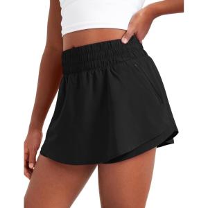 imageCRZ YOGA Girls Athletic Shorts with Zip Pocket  High Waist Flowy Ruffle Skirt for Workout Running Tennis Teen Kids LinerBlack
