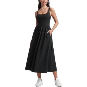 imageCRZ YOGA Maxi Square Neck Tank Dress for Women Sleeveless Padded Casual Travel Summer Flowy Outfits with Side PocketsBlack