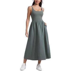 imageCRZ YOGA Maxi Square Neck Tank Dress for Women Sleeveless Padded Casual Travel Summer Flowy Outfits with Side PocketsGrey Sage