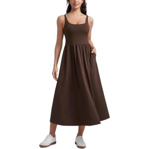 imageCRZ YOGA Maxi Square Neck Tank Dress for Women Sleeveless Padded Casual Travel Summer Flowy Outfits with Side PocketsHot Fudge Brown