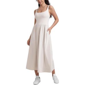 imageCRZ YOGA Maxi Square Neck Tank Dress for Women Sleeveless Padded Casual Travel Summer Flowy Outfits with Side PocketsMilky White