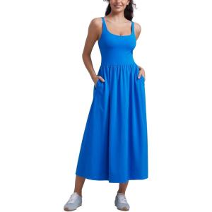 imageCRZ YOGA Maxi Square Neck Tank Dress for Women Sleeveless Padded Casual Travel Summer Flowy Outfits with Side PocketsSparkle Blue