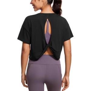 imageCRZ YOGA Open Back Short Sleeve Crop Top for Women Loose Athletic Yoga Workout Shirts Casual Cropped TShirtsBlack