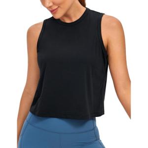 imageCRZ YOGA Pima Cotton High Neck Cropped Tank Tops for Women Soft Crop Workout Athletic Yoga Basic Sleeveless ShirtsBlack