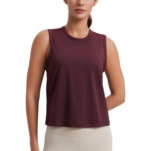 imageCRZ YOGA Pima Cotton High Neck Cropped Tank Tops for Women Soft Crop Workout Athletic Yoga Basic Sleeveless ShirtsDark Red