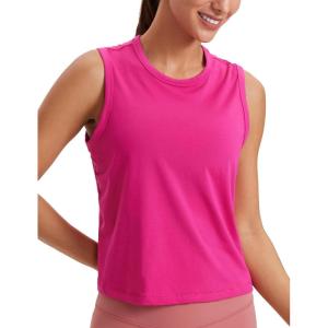 imageCRZ YOGA Pima Cotton High Neck Cropped Tank Tops for Women Soft Crop Workout Athletic Yoga Basic Sleeveless ShirtsGranita Pink