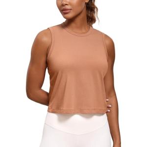 imageCRZ YOGA Pima Cotton High Neck Cropped Tank Tops for Women Soft Crop Workout Athletic Yoga Basic Sleeveless ShirtsMocha Mousse