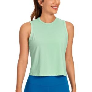 imageCRZ YOGA Pima Cotton High Neck Cropped Tank Tops for Women Soft Crop Workout Athletic Yoga Basic Sleeveless ShirtsSoft Seagrass