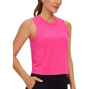 imageCRZ YOGA Pima Cotton High Neck Cropped Tank Tops for Women Soft Crop Workout Athletic Yoga Basic Sleeveless ShirtsSonic Pink