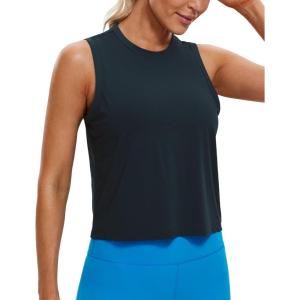 imageCRZ YOGA Pima Cotton High Neck Cropped Tank Tops for Women Soft Crop Workout Athletic Yoga Basic Sleeveless ShirtsTrue Navy