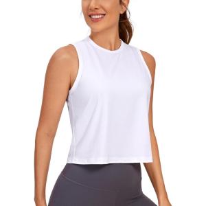 imageCRZ YOGA Pima Cotton High Neck Cropped Tank Tops for Women Soft Crop Workout Athletic Yoga Basic Sleeveless ShirtsWhite