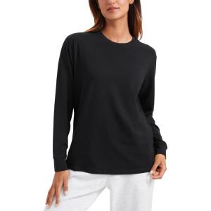imageCRZ YOGA Pima Cotton Long Sleeve Shirts for Women Crew Neck Casual Fall Tops Basic Soft Workout Yoga Loose TShirtBlack