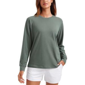 imageCRZ YOGA Pima Cotton Long Sleeve Shirts for Women Crew Neck Casual Fall Tops Basic Soft Workout Yoga Loose TShirtGrey Sage