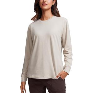 imageCRZ YOGA Pima Cotton Long Sleeve Shirts for Women Crew Neck Casual Fall Tops Basic Soft Workout Yoga Loose TShirtMojave Tan
