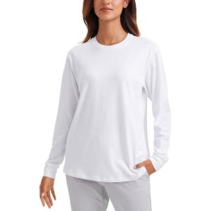 imageCRZ YOGA Pima Cotton Long Sleeve Shirts for Women Crew Neck Casual Fall Tops Basic Soft Workout Yoga Loose TShirtWhite
