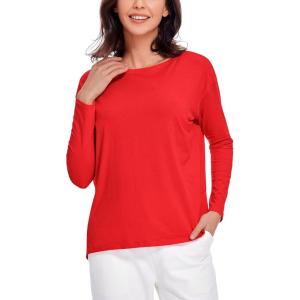 imageCRZ YOGA Pima Cotton Long Sleeve Workout Shirts for Women Loose Fit Athletic Yoga TShirts Casual Boat Neck Fall TopsDeep Red