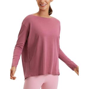 imageCRZ YOGA Pima Cotton Long Sleeve Workout Shirts for Women Loose Fit Athletic Yoga TShirts Casual Boat Neck Fall TopsMisty Merlot