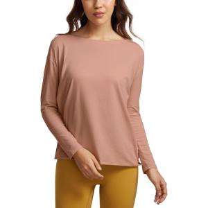 imageCRZ YOGA Pima Cotton Long Sleeve Workout Shirts for Women Loose Fit Athletic Yoga TShirts Casual Boat Neck Fall TopsMocha Mousse
