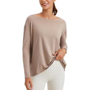 imageCRZ YOGA Pima Cotton Long Sleeve Workout Shirts for Women Loose Fit Athletic Yoga TShirts Casual Boat Neck Fall TopsMortar Color