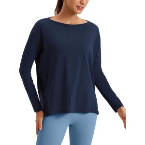 imageCRZ YOGA Pima Cotton Long Sleeve Workout Shirts for Women Loose Fit Athletic Yoga TShirts Casual Boat Neck Fall TopsNavy