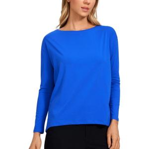 imageCRZ YOGA Pima Cotton Long Sleeve Workout Shirts for Women Loose Fit Athletic Yoga TShirts Casual Boat Neck Fall TopsStrong Blue
