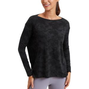 imageCRZ YOGA Pima Cotton Long Sleeve Workout Shirts for Women Loose Fit Athletic Yoga TShirts Casual Boat Neck Fall TopsTie Dye Smoke Ink