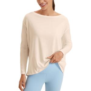 imageCRZ YOGA Pima Cotton Long Sleeve Workout Shirts for Women Loose Fit Athletic Yoga TShirts Casual Boat Neck Fall TopsWhite Opal