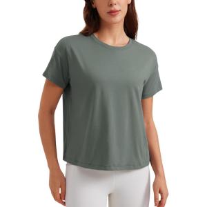 imageCRZ YOGA Pima Cotton Short Sleeve Workout Tops for Women Loose Basic TShirts Athletic Gym Casual ShirtsGrey Sage