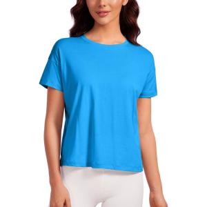 imageCRZ YOGA Pima Cotton Short Sleeve Workout Tops for Women Loose Basic TShirts Athletic Gym Casual ShirtsMadagascar Blue