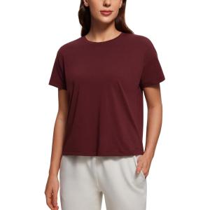 imageCRZ YOGA Pima Cotton Short Sleeve Workout Tops for Women Loose Basic TShirts Athletic Gym Casual ShirtsRed Merlot