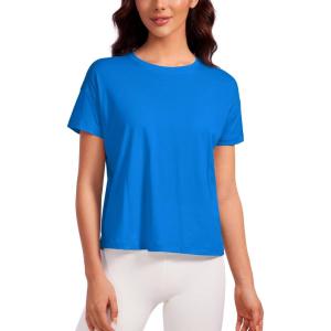 imageCRZ YOGA Pima Cotton Short Sleeve Workout Tops for Women Loose Basic TShirts Athletic Gym Casual ShirtsSparkle Blue