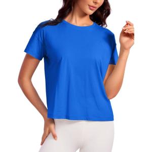 imageCRZ YOGA Pima Cotton Short Sleeve Workout Tops for Women Loose Basic TShirts Athletic Gym Casual ShirtsStrong Blue