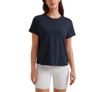 imageCRZ YOGA Pima Cotton Short Sleeve Workout Tops for Women Loose Basic TShirts Athletic Gym Casual ShirtsTrue Navy