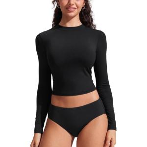 imageCRZ YOGA Rash Guard for Women Long Sleeve UV Sun Protection Swim Shirt UPF 50 Cropped Rashguard Swimsuit TopsBlack